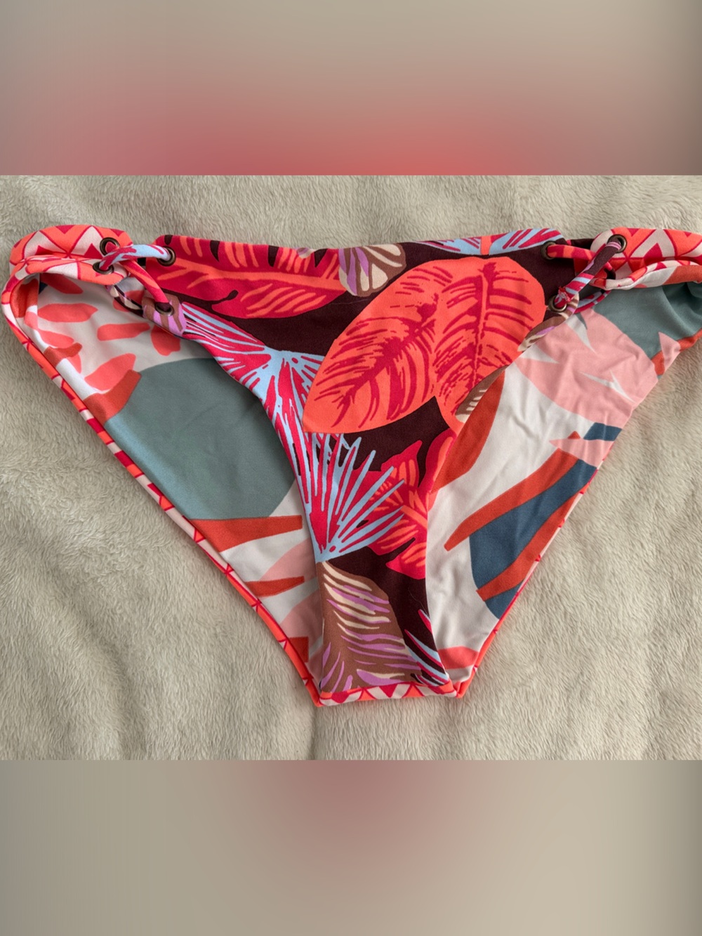 Women’s One-Piece Swimsuit Bottoms in Coral Tropical Print reversible never worn